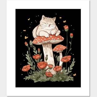 Vintage Cottagecore Nature Aesthetic mushroom Cat Floral Garden Kawaii Kitten Posters and Art